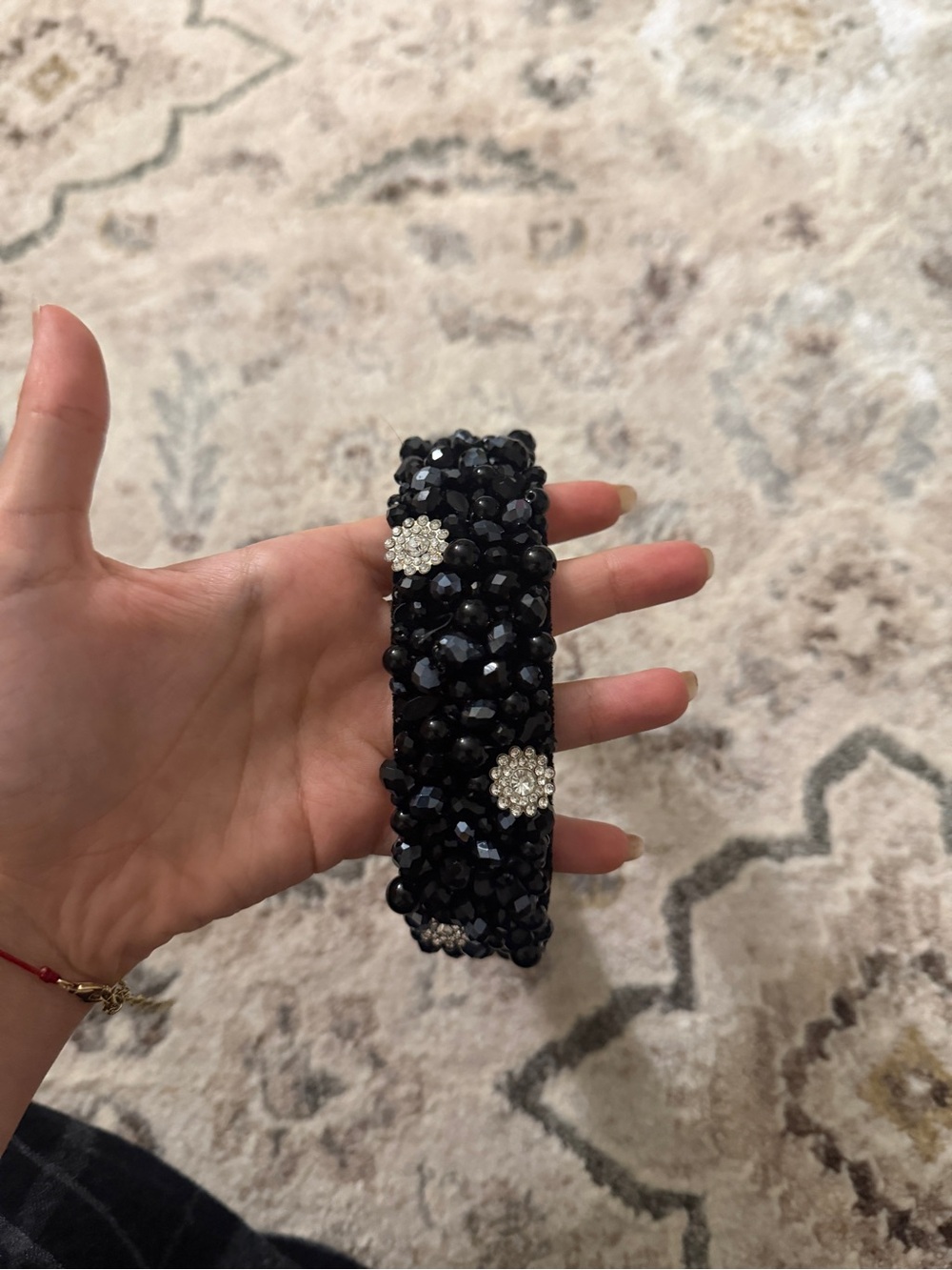 Black Beaded Crystal Hairband with Rhinestone Floral Accents